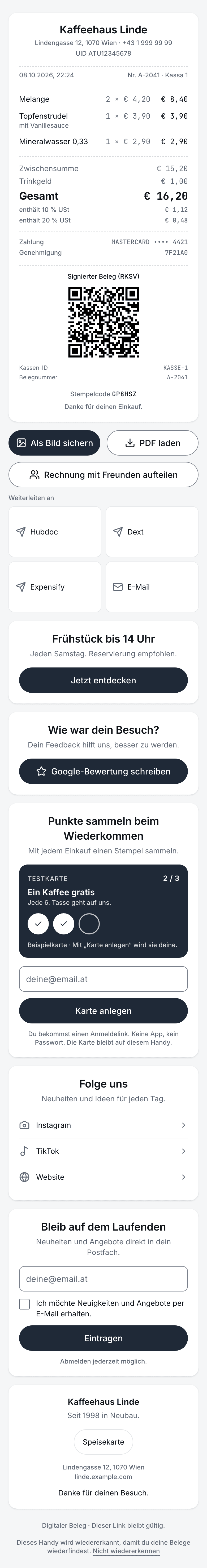 Der ganze digitale Beleg von oben bis unten: Belegdaten, Speichern- und PDF-Knöpfe, Stempelkarte, Bewertungsbitte, Newsletter und Fußzeile